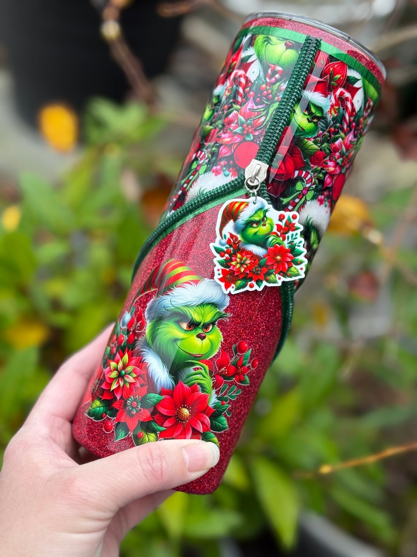 Handmade Grinch zipper tumbler