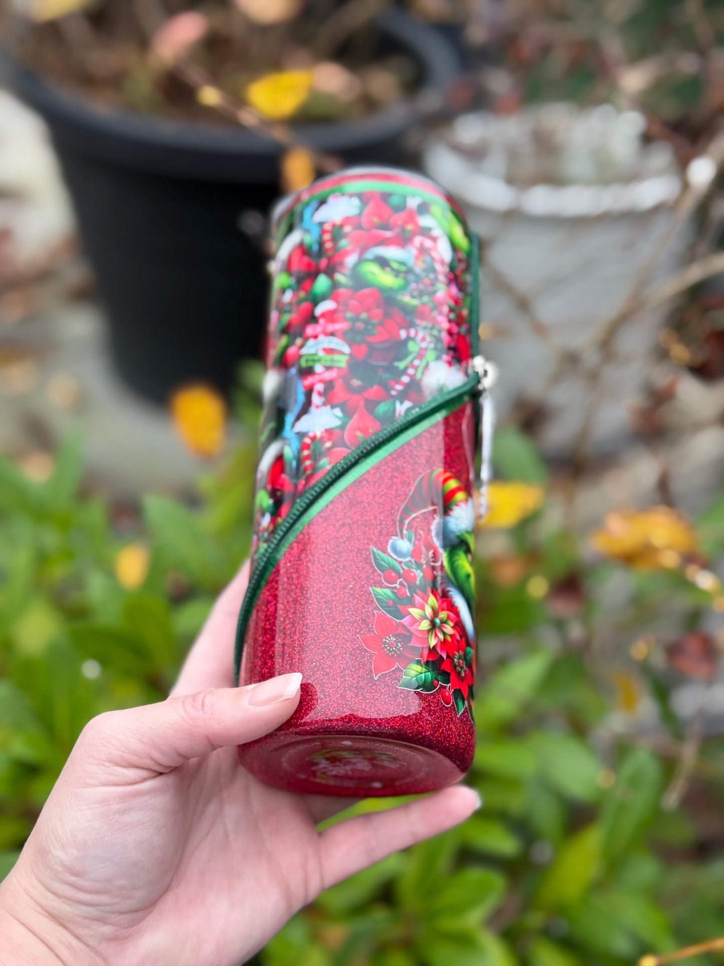 Handmade Grinch zipper tumbler