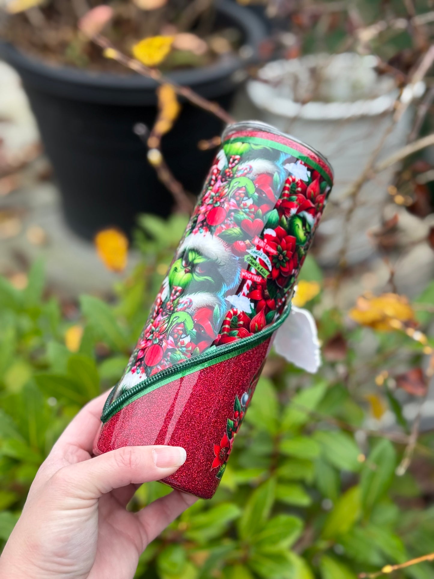 Handmade Grinch zipper tumbler