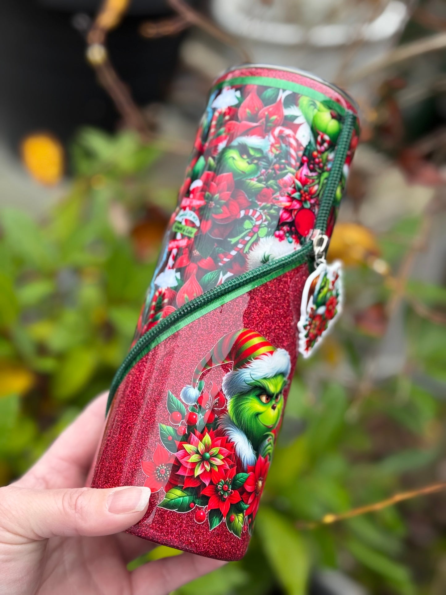 Handmade Grinch zipper tumbler