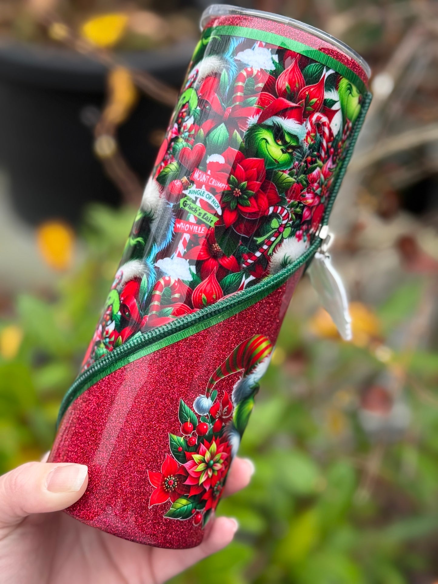 Handmade Grinch zipper tumbler
