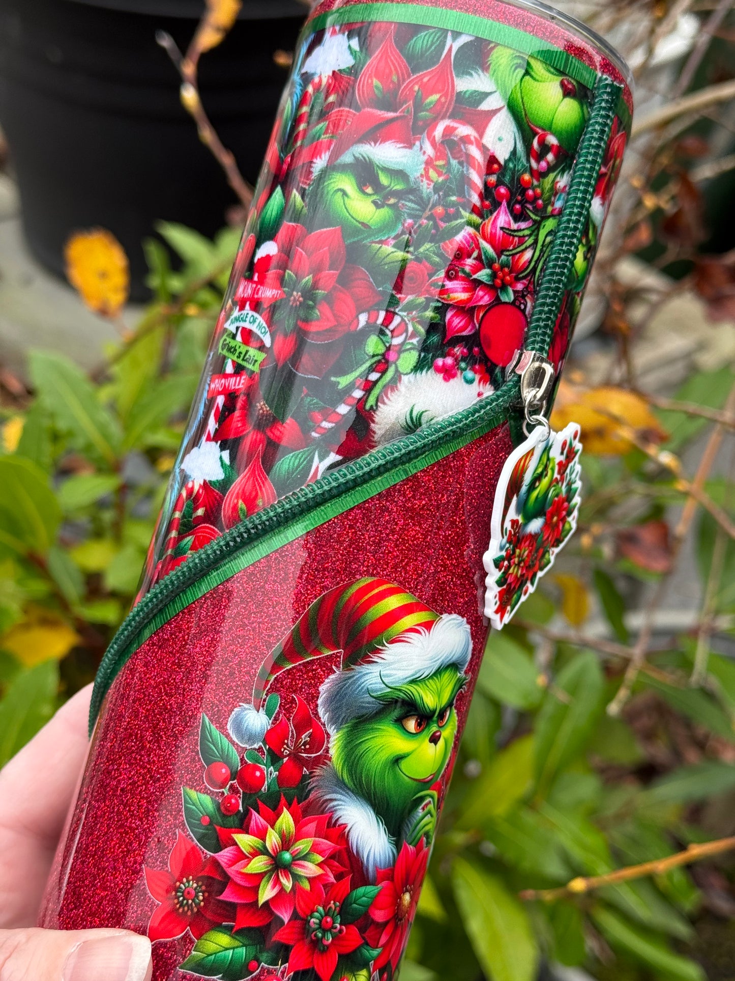 Handmade Grinch zipper tumbler