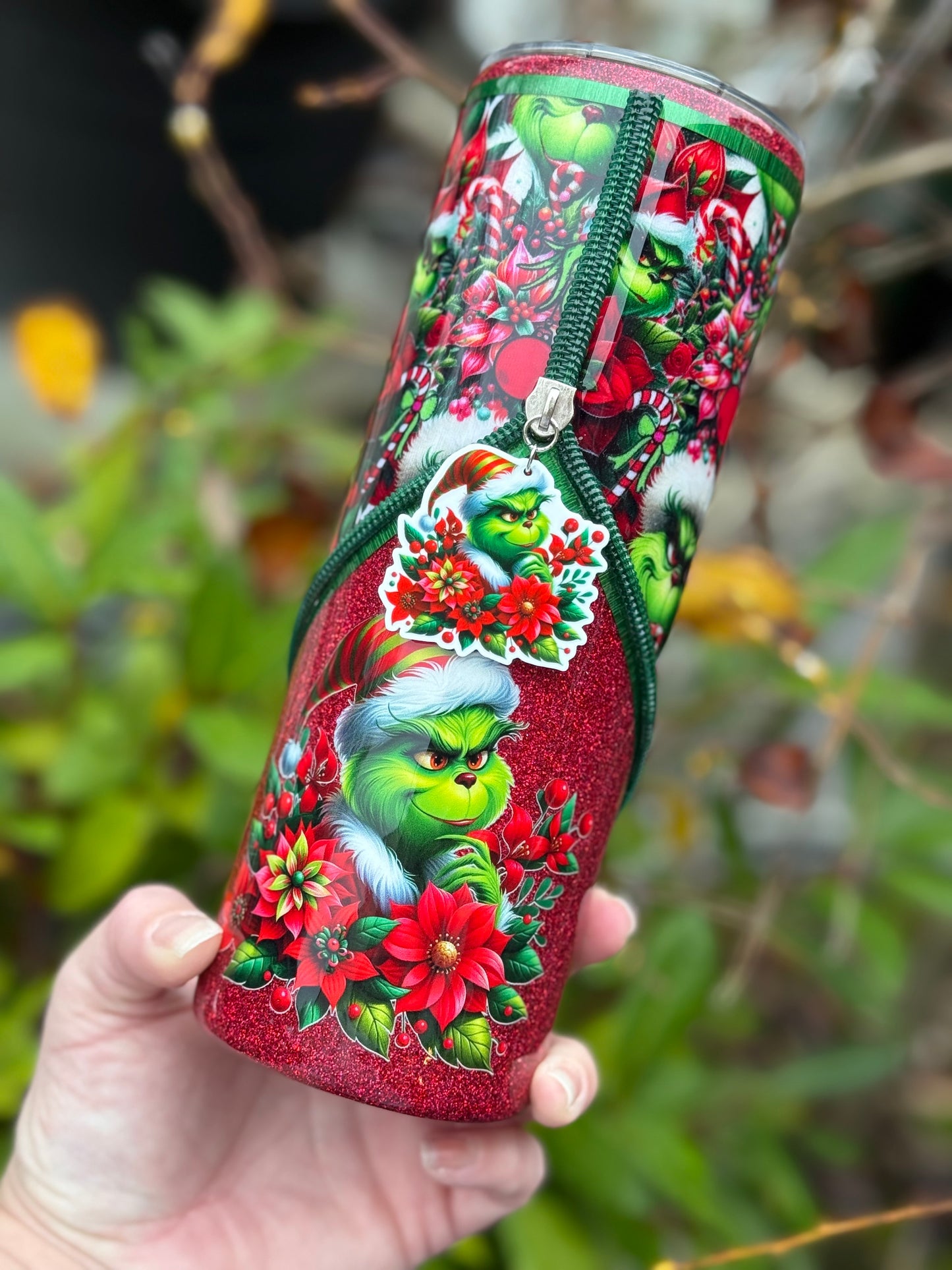 Handmade Grinch zipper tumbler