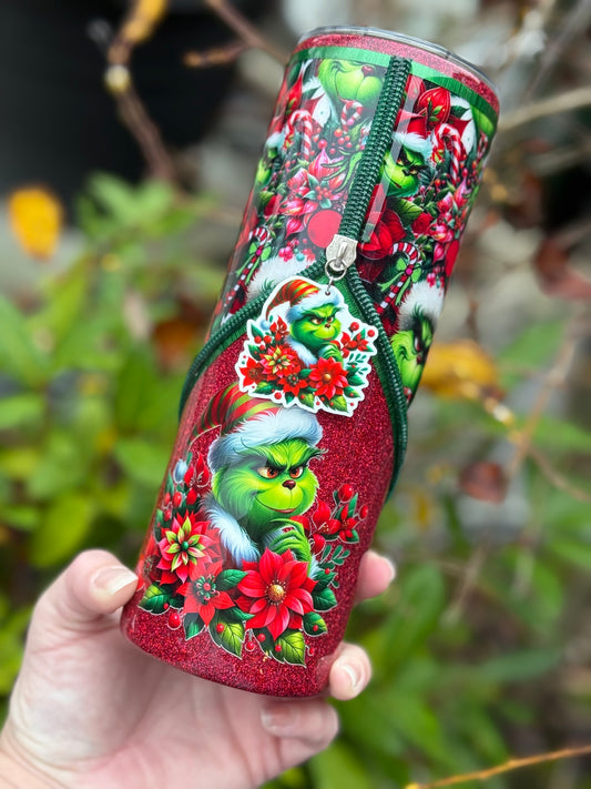 Handmade Grinch zipper tumbler