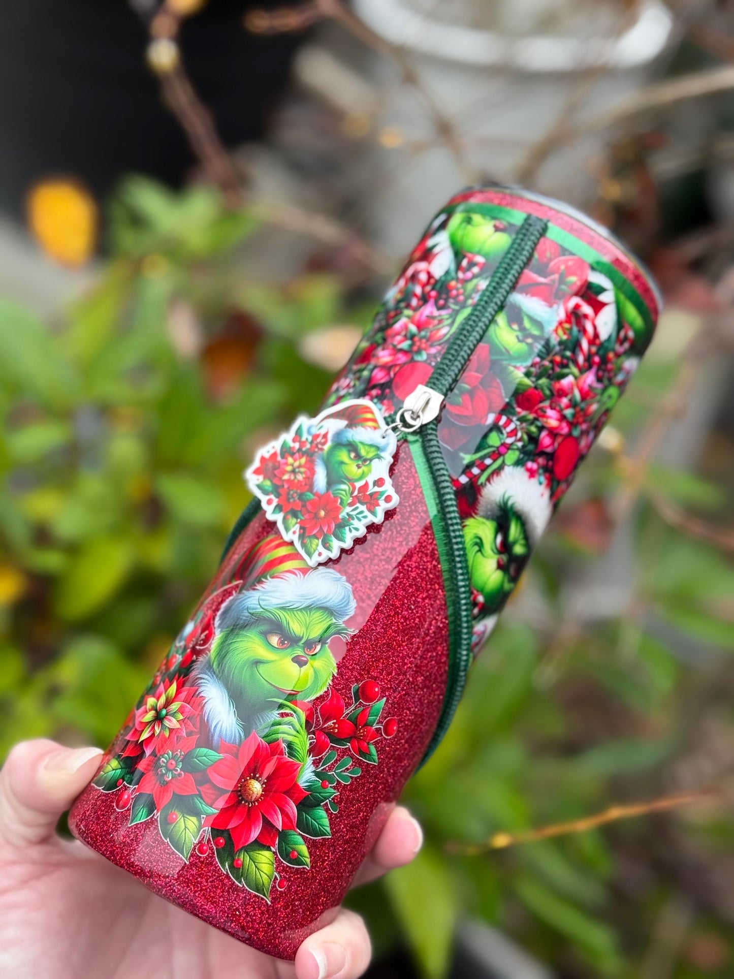 Handmade Grinch zipper tumbler