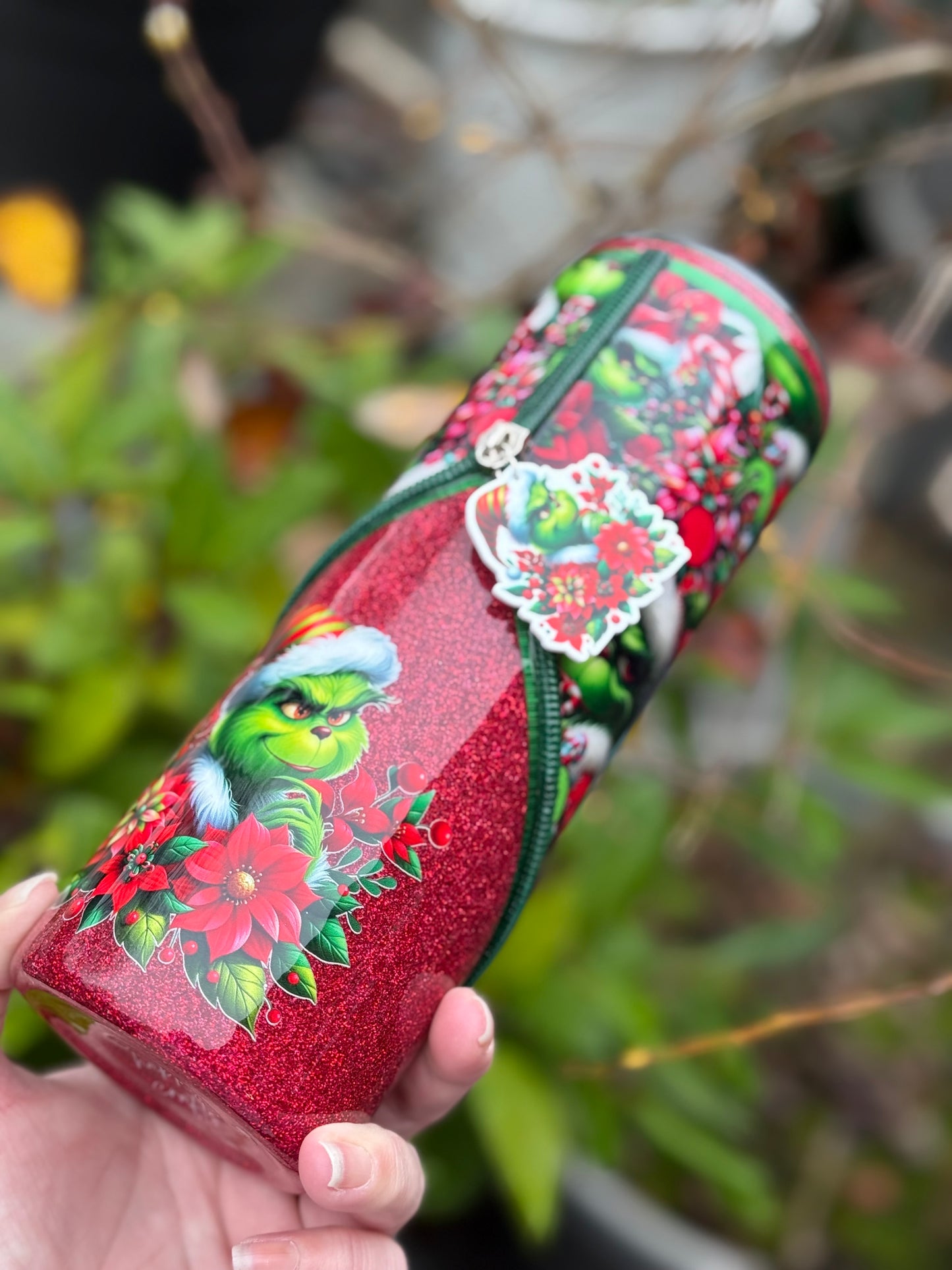 Handmade Grinch zipper tumbler