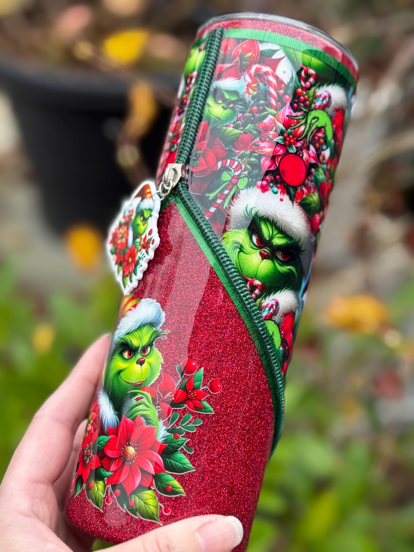 Handmade Grinch zipper tumbler