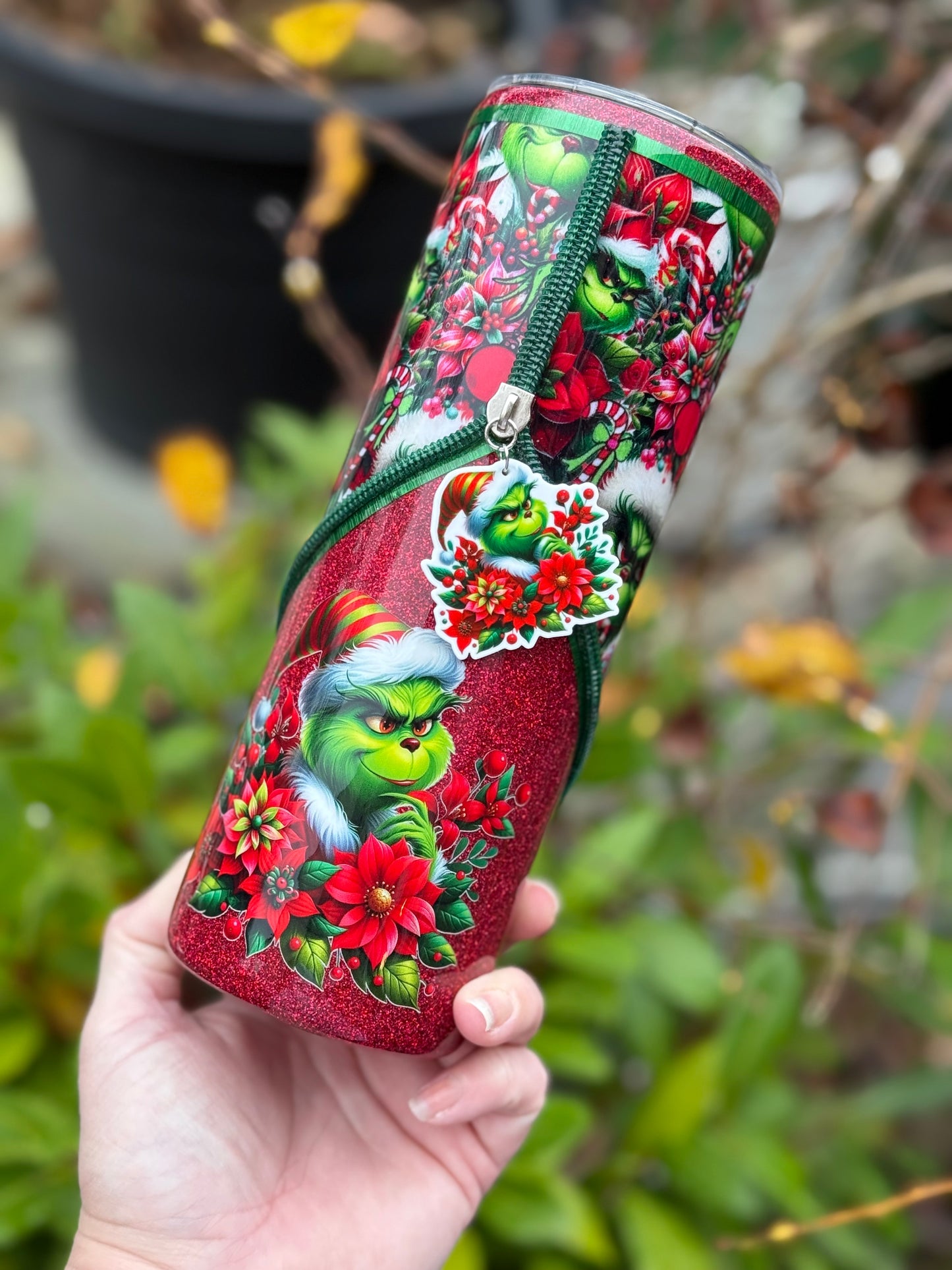 Handmade Grinch zipper tumbler