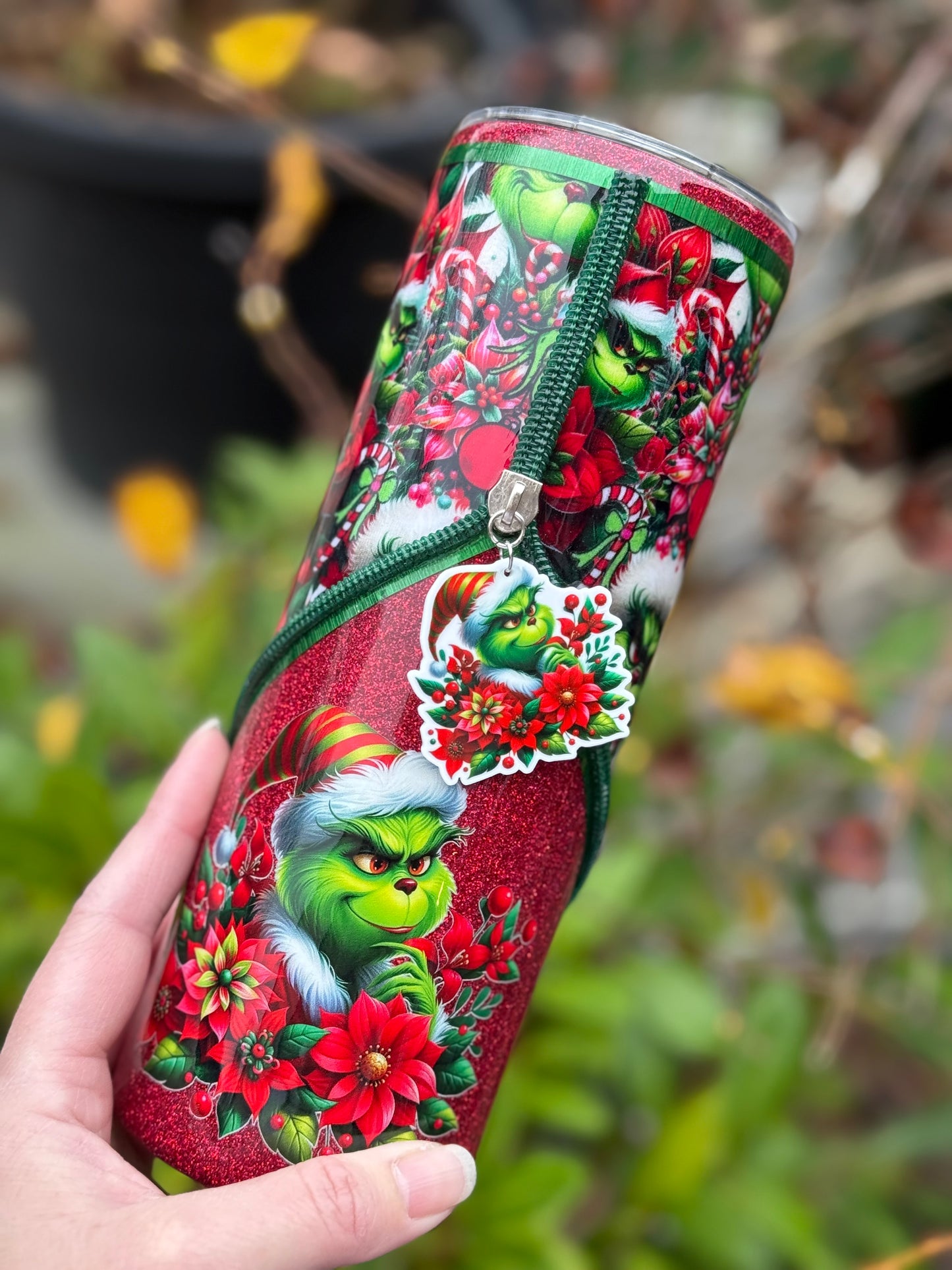 Handmade Grinch zipper tumbler