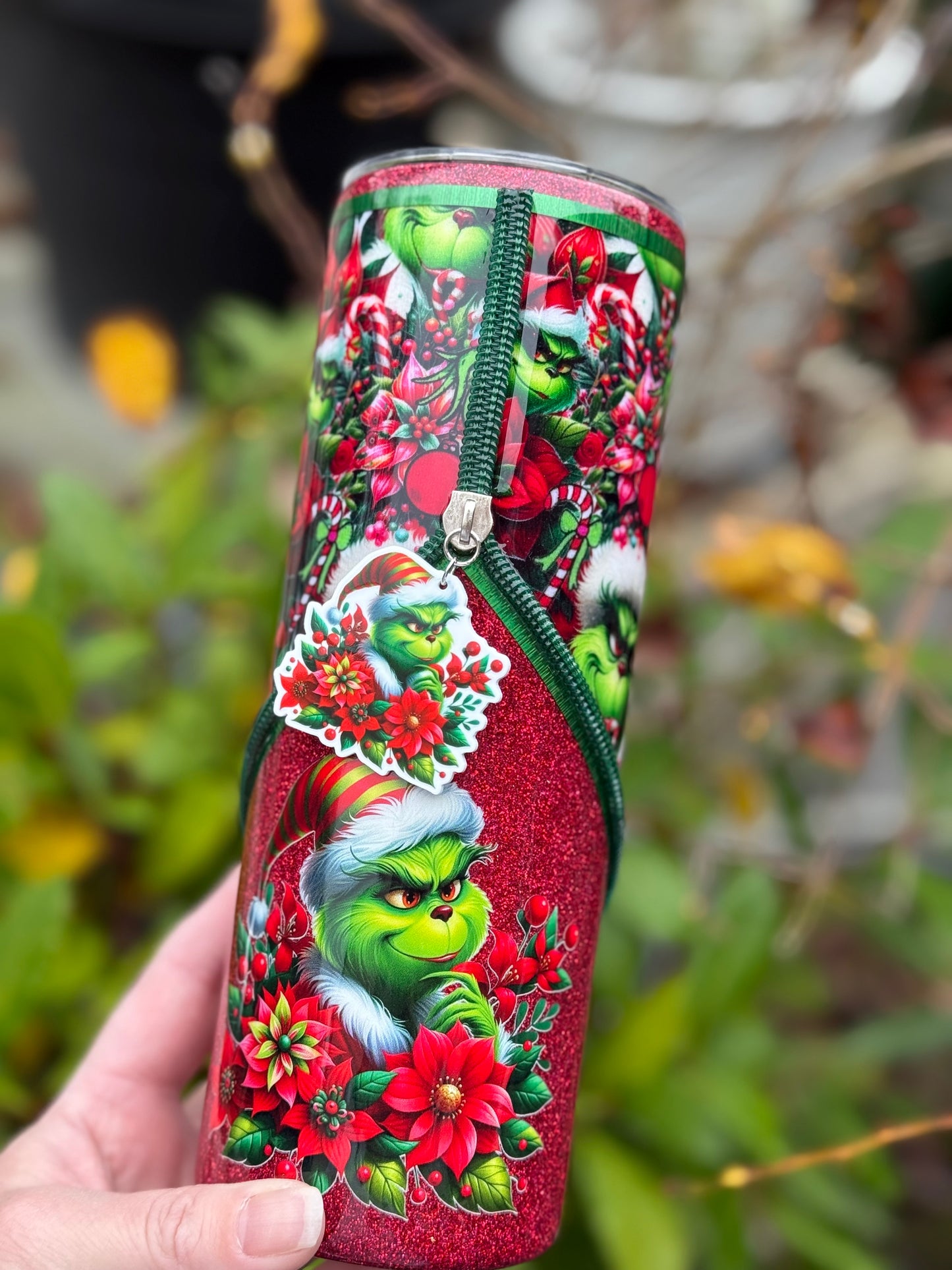 Handmade Grinch zipper tumbler
